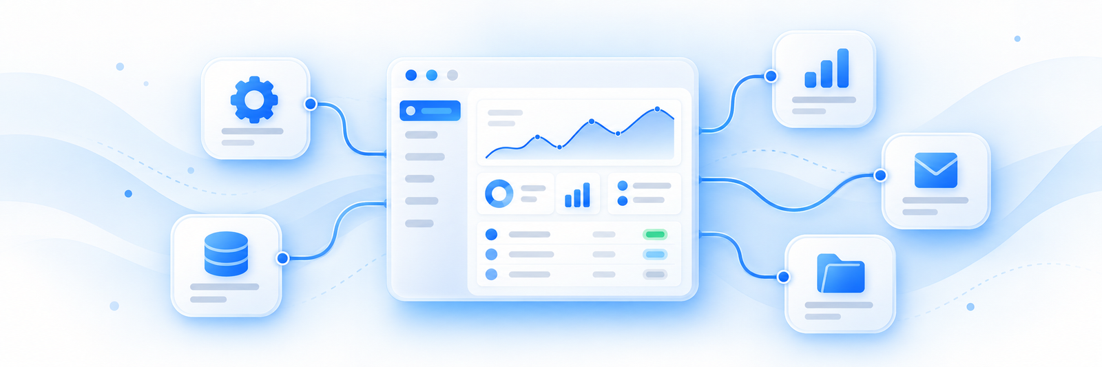 Connected business systems dashboard linking CRM, data, email, reporting, and files