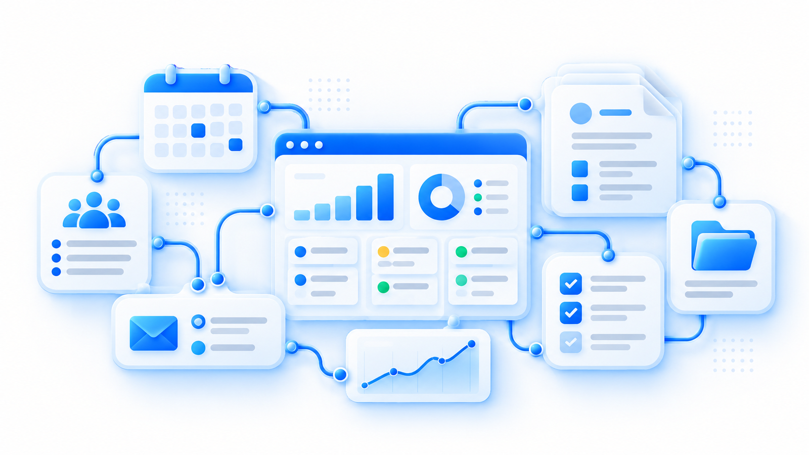 Business operations ecosystem with CRM, calendar, email, documents, and reporting connected