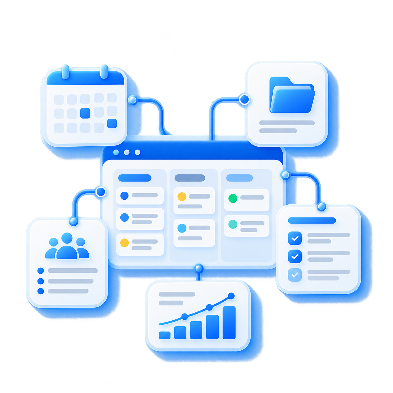Admin and scheduling workflow with calendar, tasks, and project board